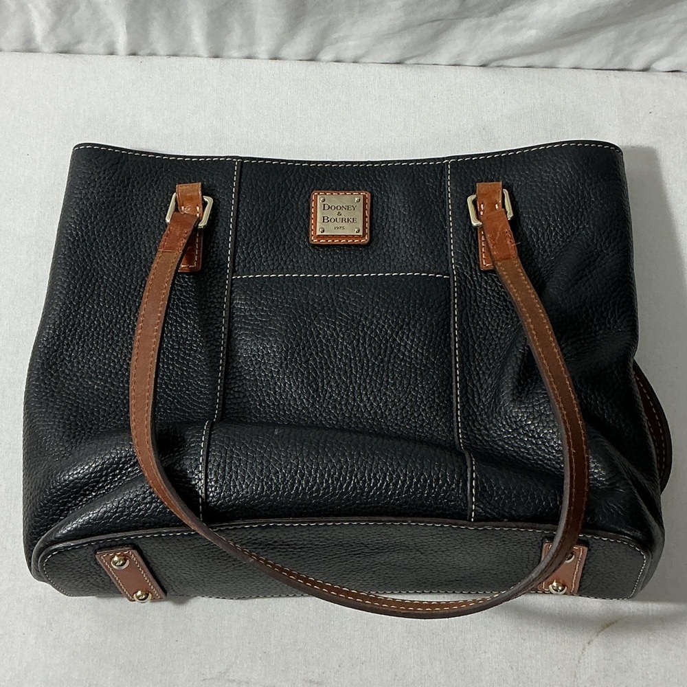 Dooney & Bourke Black Pebbled Leather Tote with Brown Trim and Handles